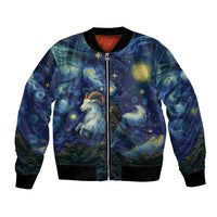 Unisex bomber jacket with full-zip front and starry night goat print, black ribbed trim