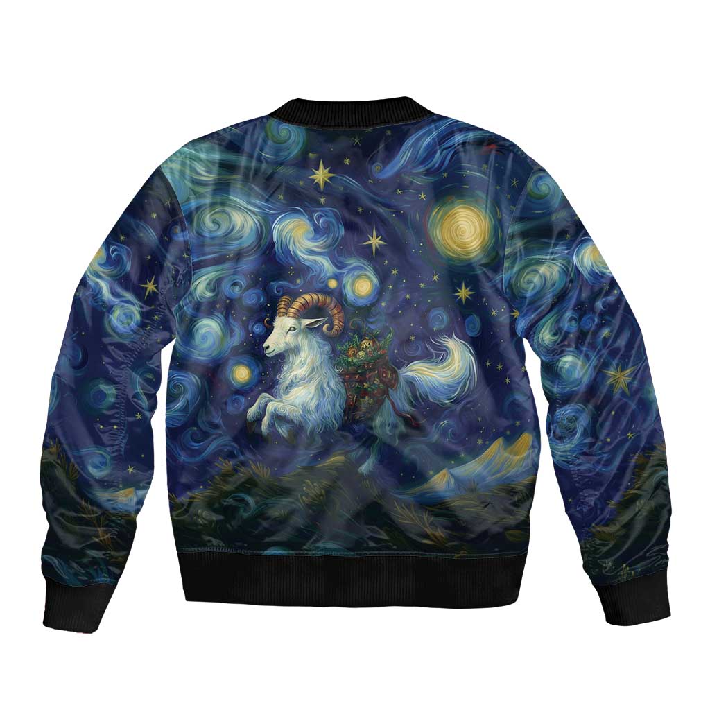 Unisex bomber jacket back view with starry night goat print and black ribbed waistband