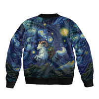 Unisex bomber jacket back view with starry night goat print and black ribbed waistband
