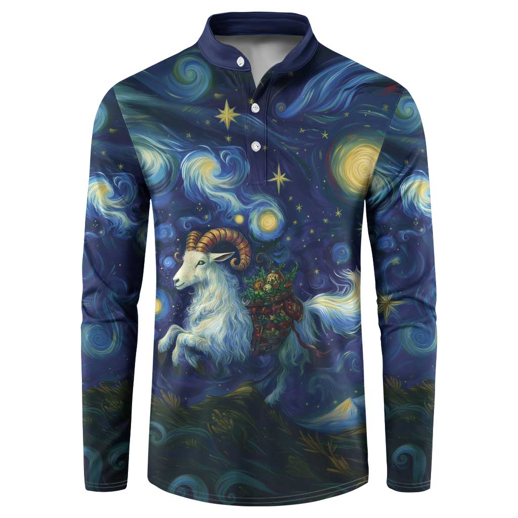 Navy button henley sweatshirt with starry night goat graphic, long sleeves