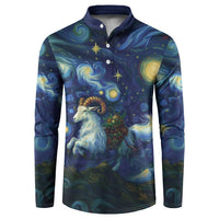 Navy button henley sweatshirt with starry night goat graphic, long sleeves