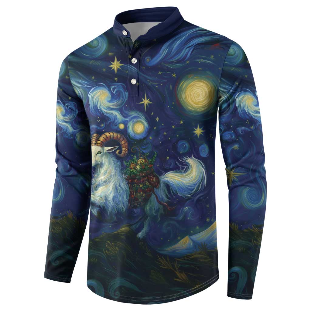 Navy button henley sweatshirt with starry night goat and galaxy swirl print, long sleeves