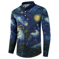 Navy button henley sweatshirt with starry night goat and galaxy swirl print, long sleeves