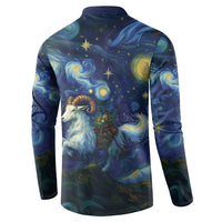 Navy button henley sweatshirt with back galaxy goat print and star accents, long sleeves