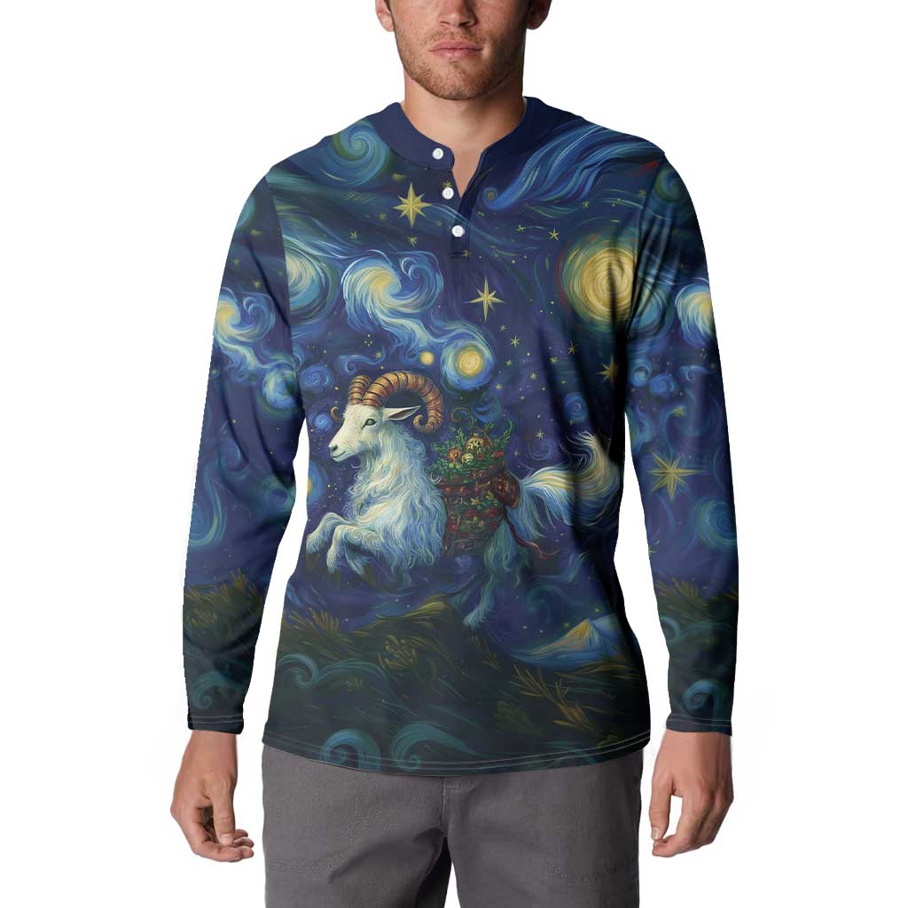 Men's navy button henley sweatshirt with galaxy goat scene print, long sleeves