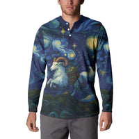 Men's navy button henley sweatshirt with galaxy goat scene print, long sleeves