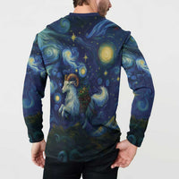 Men's navy button henley sweatshirt with back galaxy goat scene print, long sleeves