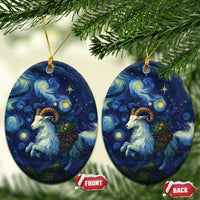 Blue ceramic goat starry night ornament, oval disk shape with gold hanging loop