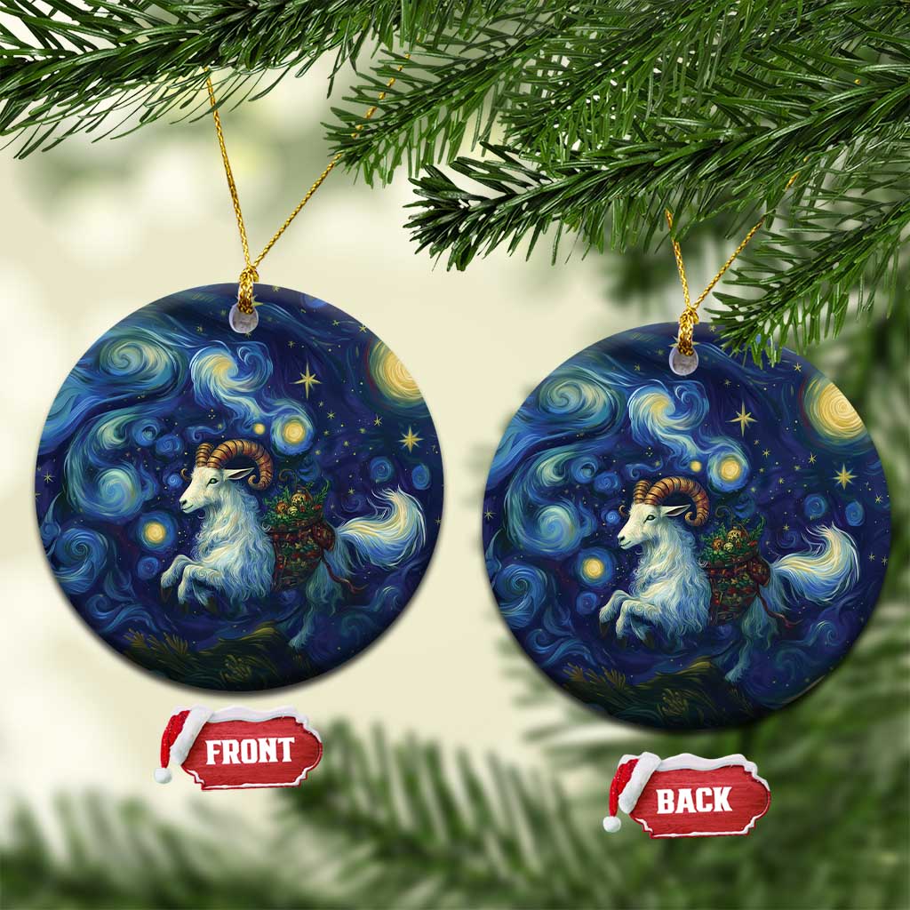Blue ceramic goat starry night ornament, round disk with hanging gold loop