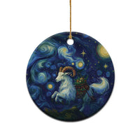 Single blue round ceramic goat starry night ornament with gold hanging loop on white