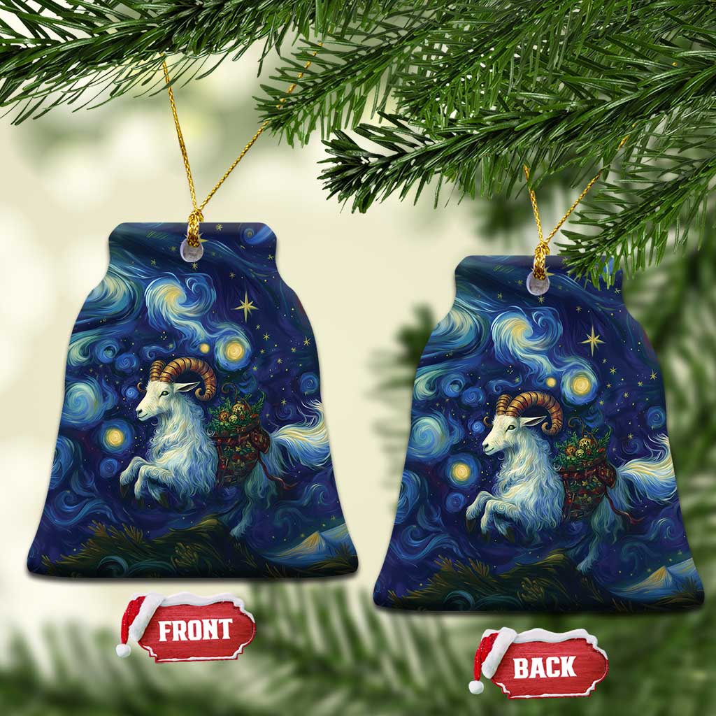 Blue ceramic goat starry night ornament, scalloped bell-shaped design with gold hanging loop