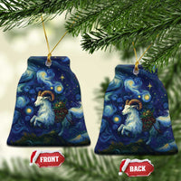 Blue ceramic goat starry night ornament, scalloped bell-shaped design with gold hanging loop