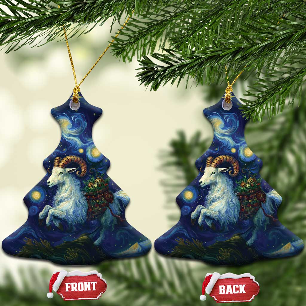 Two blue ceramic goat starry night ornaments, Christmas-tree shape with gold hanging loops