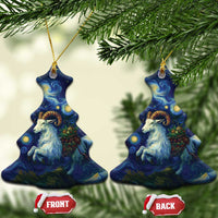 Two blue ceramic goat starry night ornaments, Christmas-tree shape with gold hanging loops