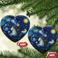 Blue ceramic goat starry night ornament, heart shape with gold hanging loop
