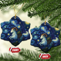 Blue ceramic goat starry night ornament, tree-shaped scalloped design with gold hanging loop