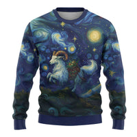 Starry night goat ugly Christmas sweater, blue galaxy print, crew neck, long sleeves