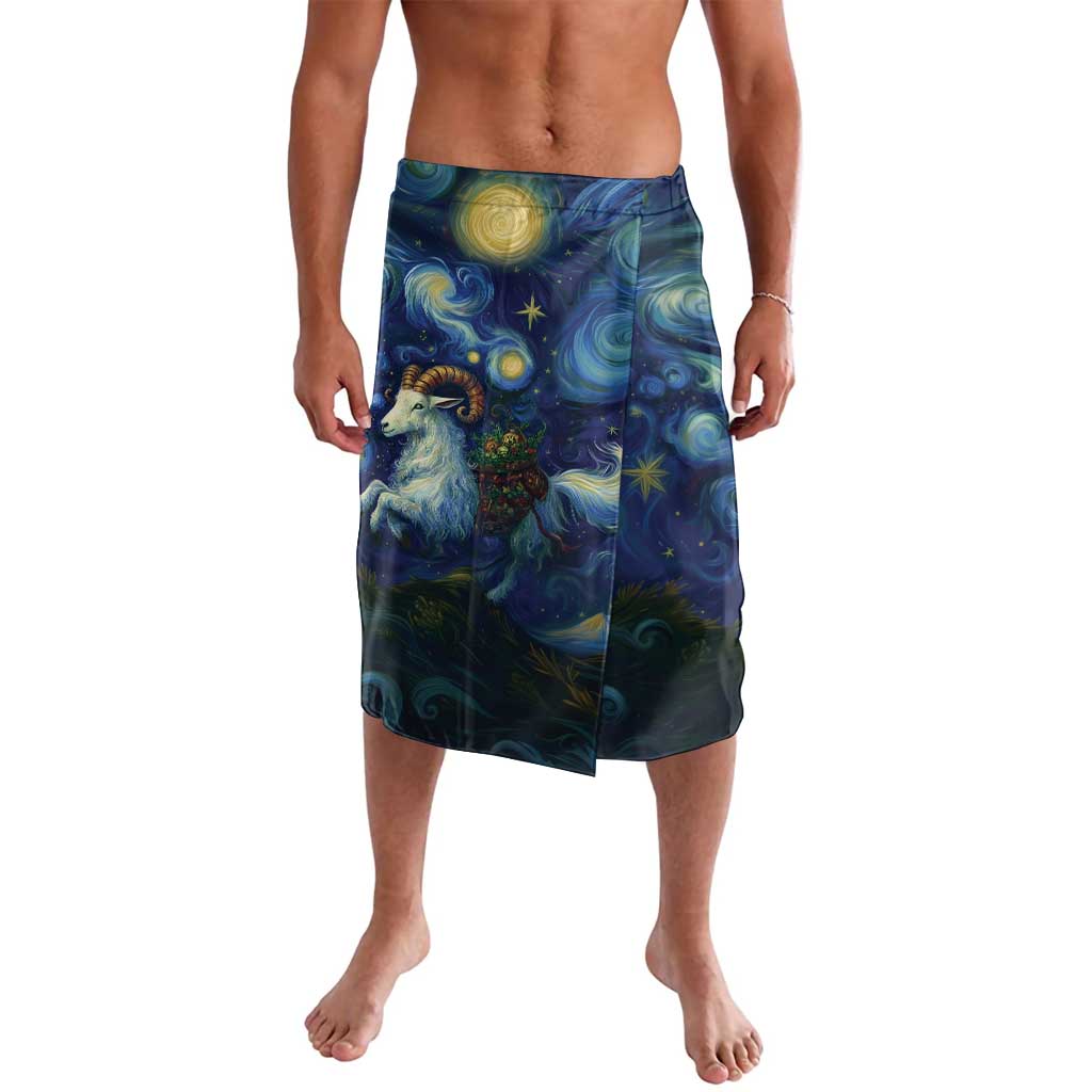 Navy blue lavalava wrap skirt with rooster and starry sky print, front seam