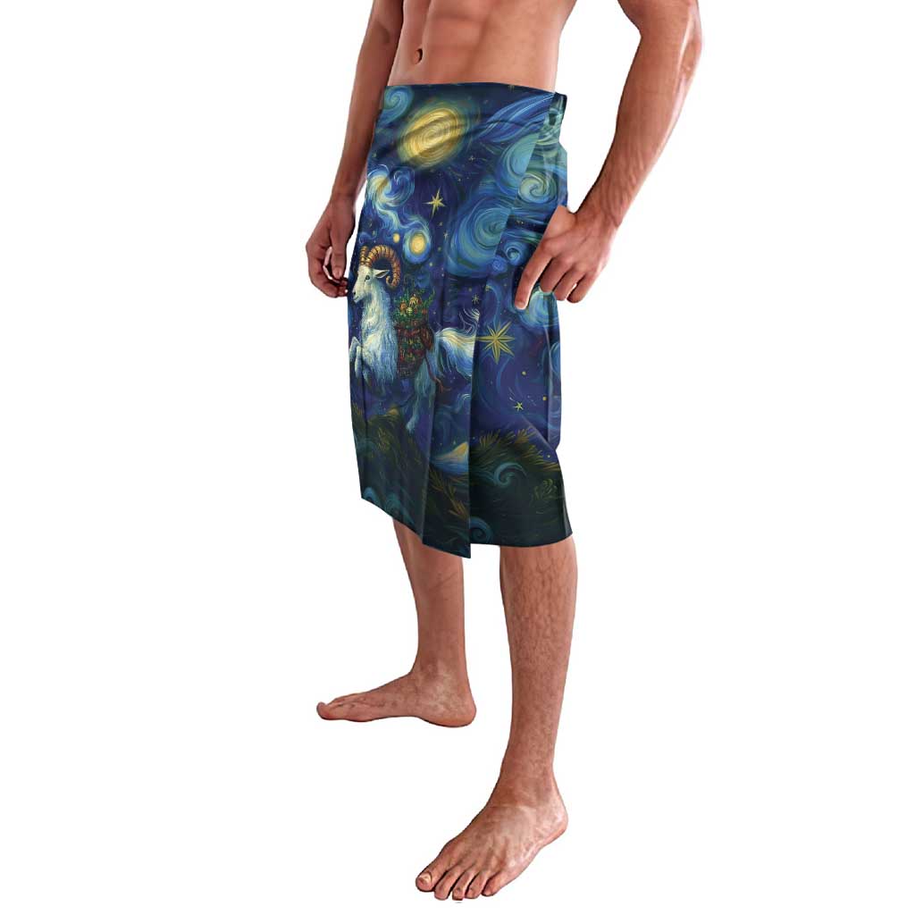 Blue and dark navy lavalava wrap skirt with rooster and stars print, side view