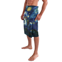 Blue and dark navy lavalava wrap skirt with rooster and stars print, side view