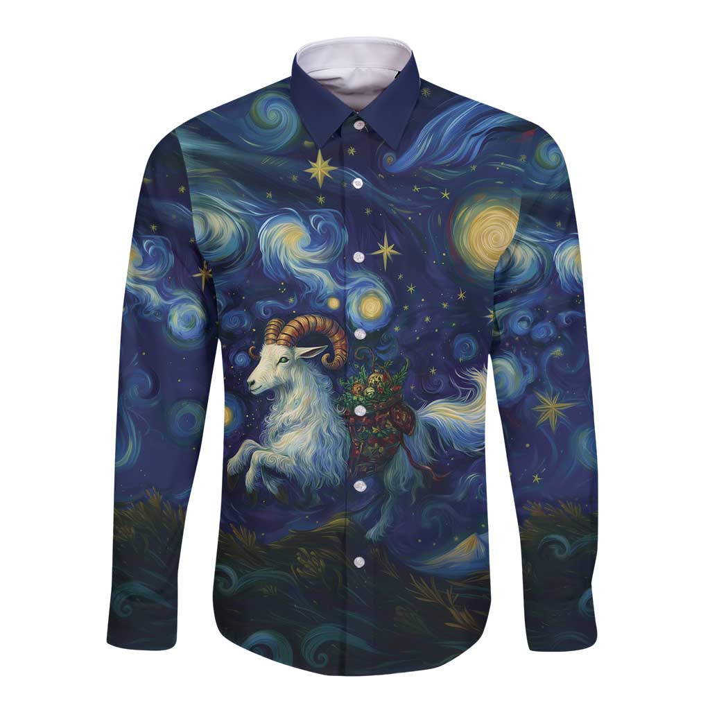Long-sleeve button shirt with dark starry goat and swirling cloud print, point collar