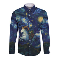 Long-sleeve button shirt with dark starry goat and swirling cloud print, point collar