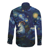 Long-sleeve button shirt back with dark starry goat and swirl clouds print, point collar