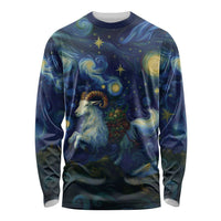 Unisex long sleeve shirt with blue goat and starry night galaxy print, front view