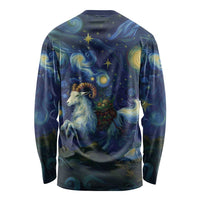 Unisex long sleeve shirt with blue goat and starry night galaxy print, back view
