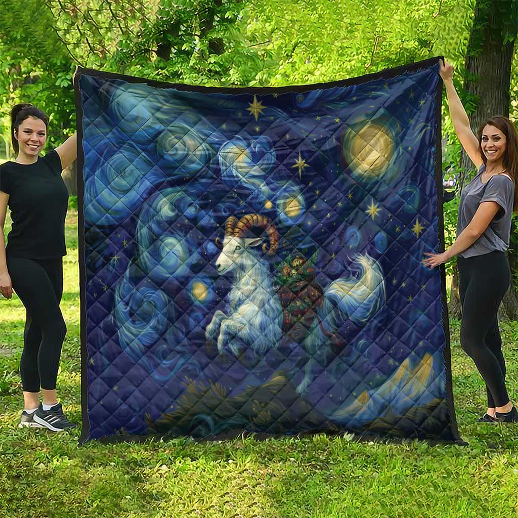 Dark blue starry night quilt with goat motif and golden stars, shown spread outdoors