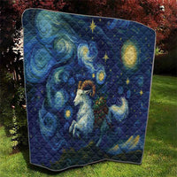 Dark blue quilt with goat centerpiece, swirling clouds, and scattered golden stars