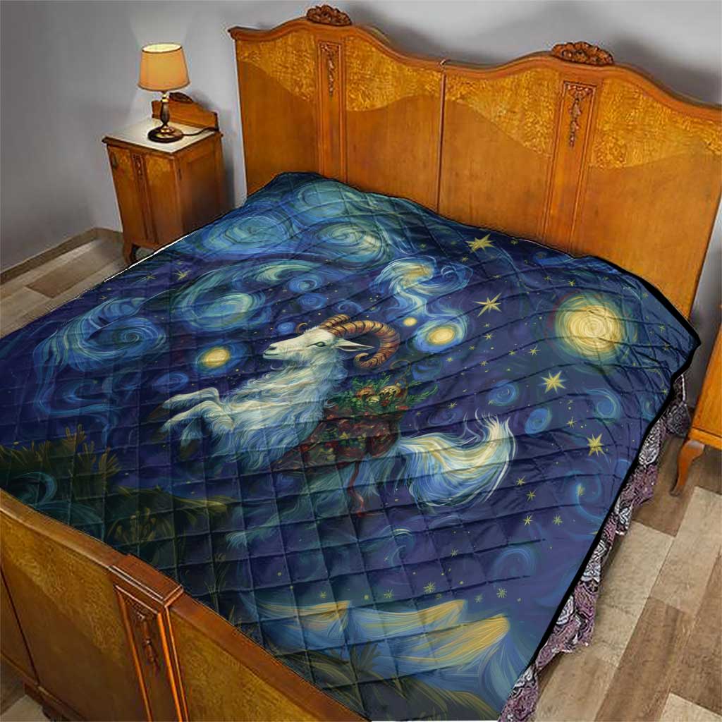 Dark blue starry night quilt draped on a wooden bed with goat and stars design