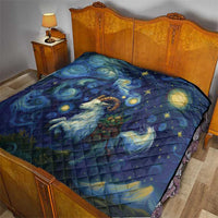Dark blue starry night quilt draped on a wooden bed with goat and stars design