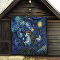 Dark blue quilt with goat artwork and golden stars, hung on a porch wall