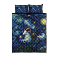 Blue quilt bed set featuring goat, planet swirls, and star pattern; includes two pillowcases