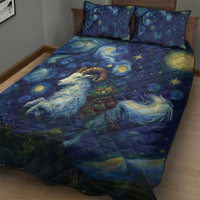 Blue quilt bed set with goat portrait, stars, and swirled nebula pattern on comforter