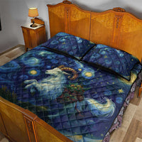 Blue quilt bed set with starry goat scene and nebula swirls on comforter and pillows