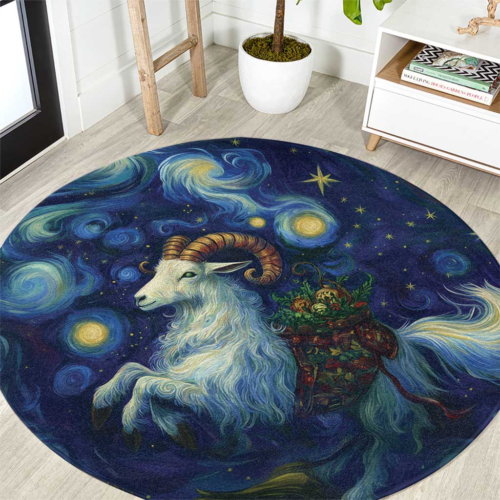 Round dark blue fantasy rug with a gold goat, stars, and swirling night patterns