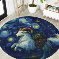 Round dark blue fantasy rug with a gold goat, stars, and swirling night patterns