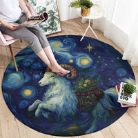 Round dark blue space-themed rug featuring a gold goat face, stars, and spiral sky art