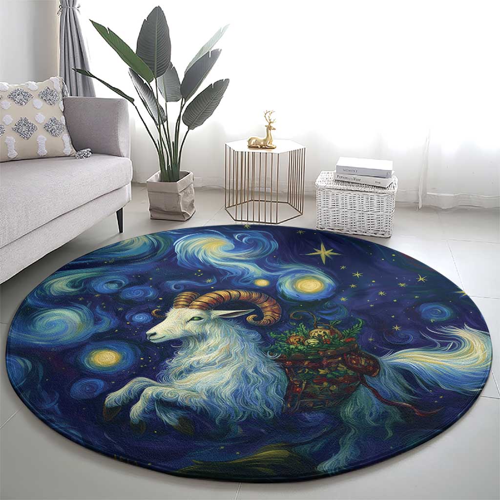 Round dark blue round carpet with gold goat figure, stars, and swirling galaxy-style artwork