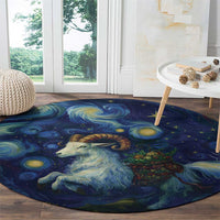 Round dark blue fantasy carpet with gold goat portrait, stars, and swirling planet patterns