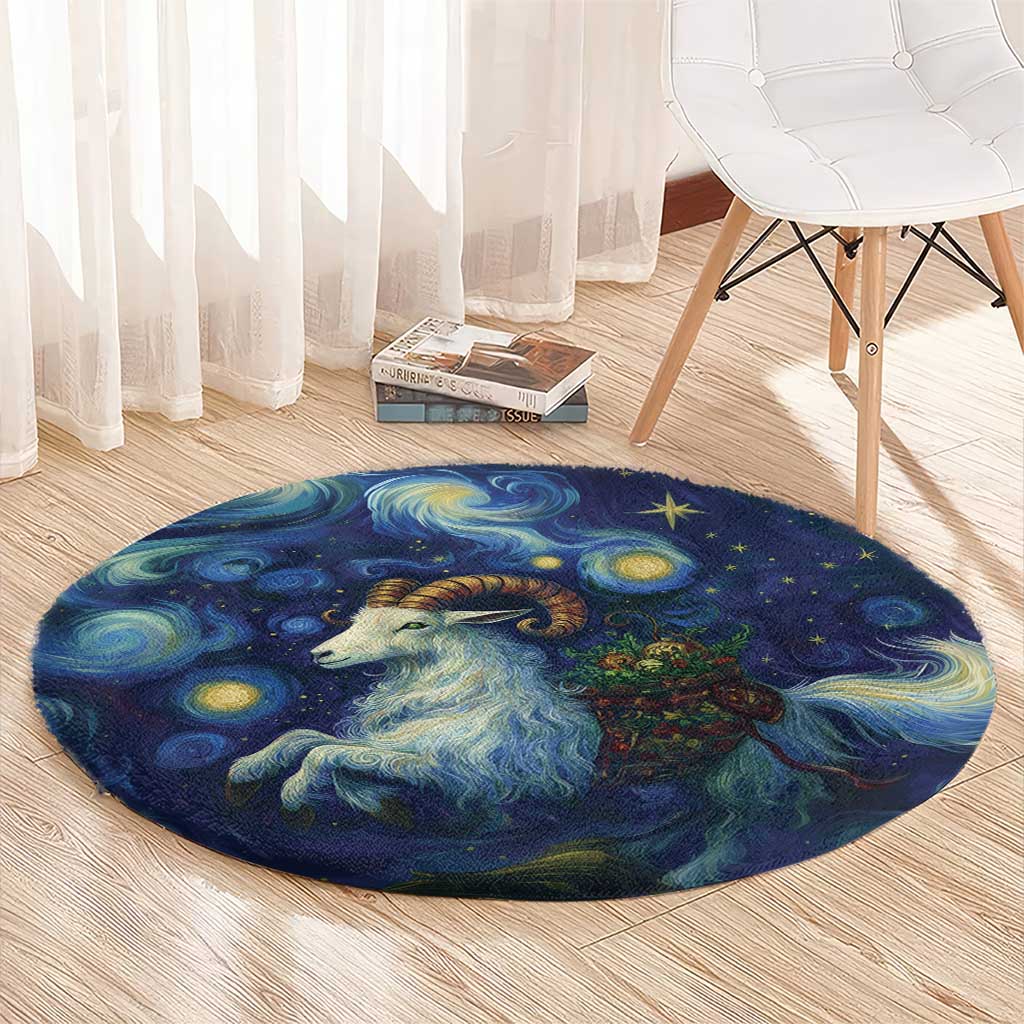 Round dark blue decorative rug with gold goat illustration, star accents, and galaxy swirls