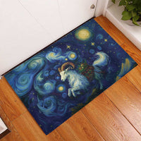 Blue starry night goat and ram head rubber doormat, corner view on wooden floor