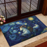 Blue starry night goat rubber doormat under door frame, swirls and glowing moons