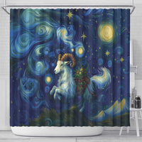 Goat-themed shower curtain featuring a golden-horned ram, teal-blue swirls, and star shapes