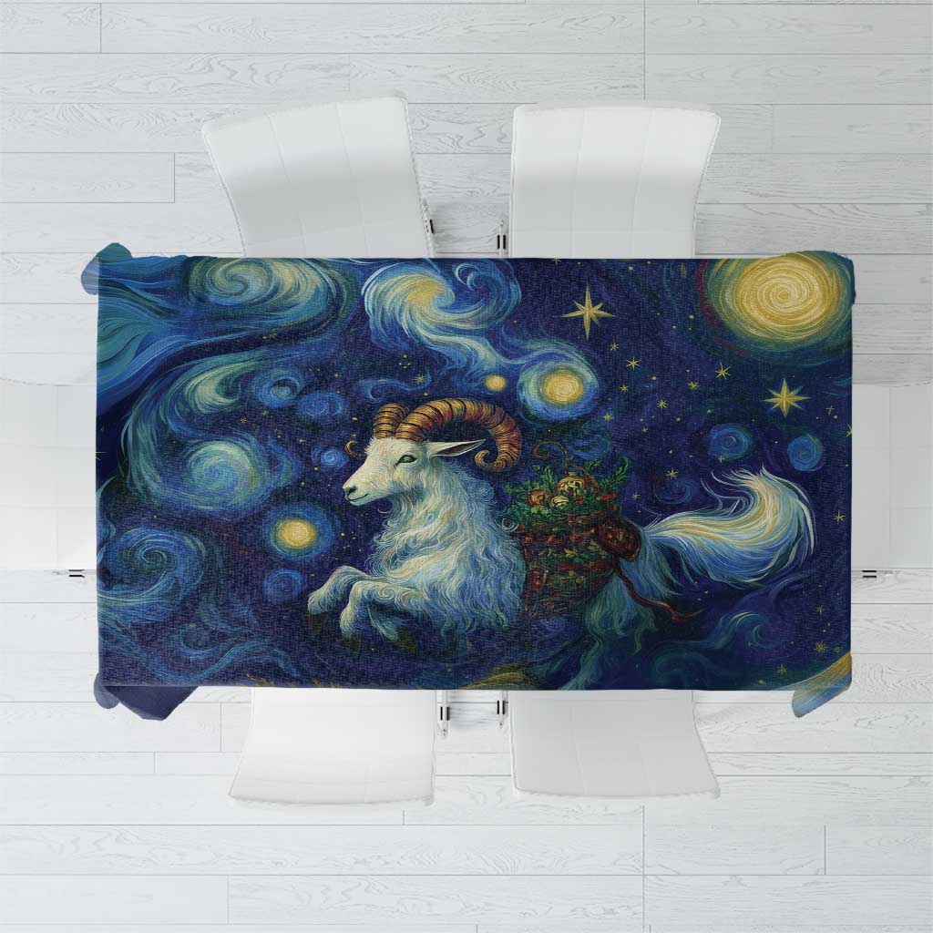 Rectangular starry night tablecloth with goat portrait and swirling blue print