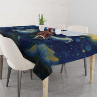 Square starry night tablecloth with goat scene, blue waves, and gold stars