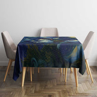Rectangular starry night tablecloth with swirling blue landscape and star accents