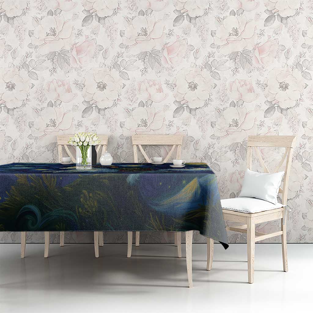 Rectangular starry night tablecloth with blue goat scene and small gold stars